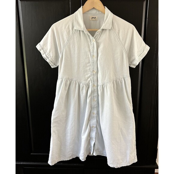 Pact Denim Chambray Shirt Dress Size Small Light Blue Pocket Short Sleeve Button - Picture 1 of 8